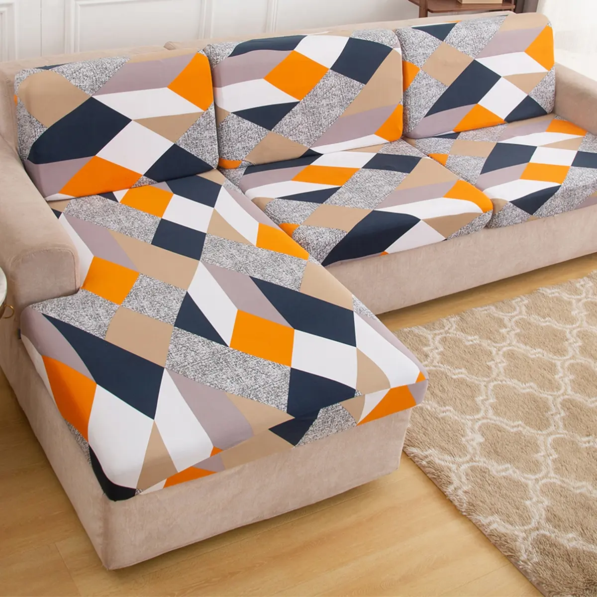 Stretchable L-Shaped Sofa Cushion Cover with Contemporary Geometric Pattern, Polyester and Spandex Blend for One Seater to Modular Sofas, Perfect Living Room Decor, Dustproof Sofa Slipcover, Stretch Polyester Spandex Couch Covers