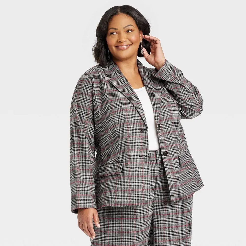 Women's Front-Button Blazer - Ava & Viv Gray Plaid 2X Women's Front-Button Blazer - Ava & Viv Gray Plaid 2X