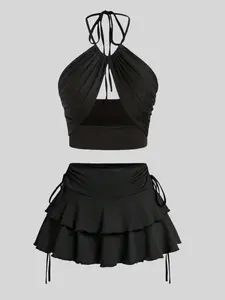 Women's Solid Cut Out Top & Ruffle Trim Bottom Set, Chic Sexy Two-Piece Set for Beach Holiday Vacation, Ladies Summer Clothes