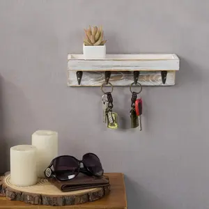Vintage White Wood Floating Entryway Shelf with 4 Antique Metal Key Hooks