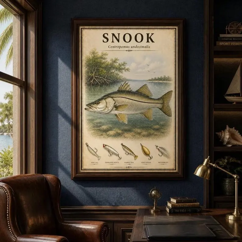 Snook Vintage Fishing Poster, Snook Wall Art, Coastal Fishing Decor,  Angler Gift,  Fisherman’s Collection Print,  Florida Fishing Artwork