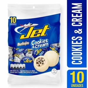 JET Burbujas Cookies & Cream – 10 Pack – 135 g (4.76 oz) – Colombian Chocolate Candy with Cookies & Vanilla Filling – Imported from Colombia
