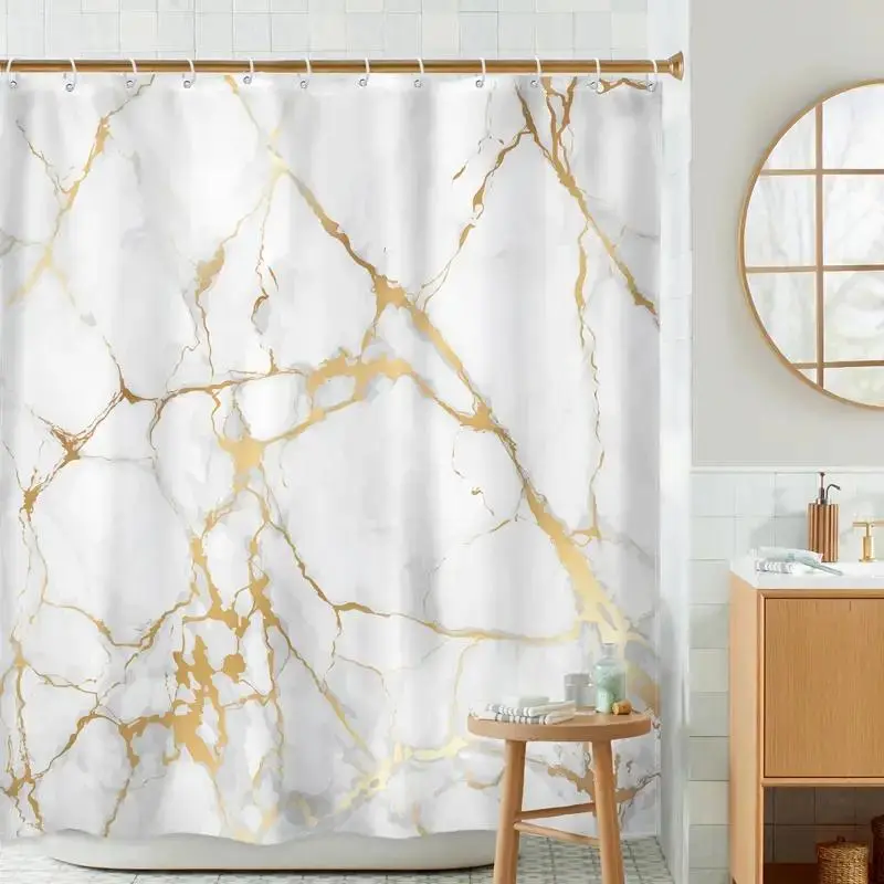 Marble Pattern Hanging Shower Curtain, 1 Count Waterproof Shower Curtain with 12 Hooks, Bathroom Decor Supplies for Home Hotel Salon Dormitory