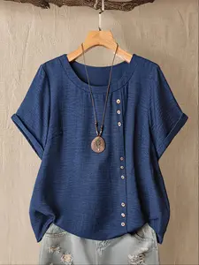 Elegant Casual Loose-Fitting Shirt Blouse for Women, New Arrival Round Neck Short Sleeve Top, Spring & Fall Fashion, Plain Pattern