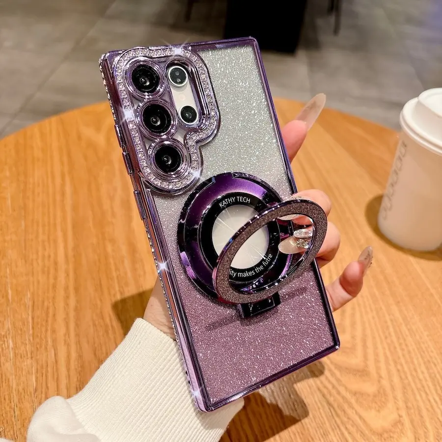 Glitter Rhinestone Stand Holder Protective Case for Samsung Smartphone S25 S24 S23 S22 Ultra S25 Plus Luxury Plating Gradient Magnetic Wireless Charging Plating Cover