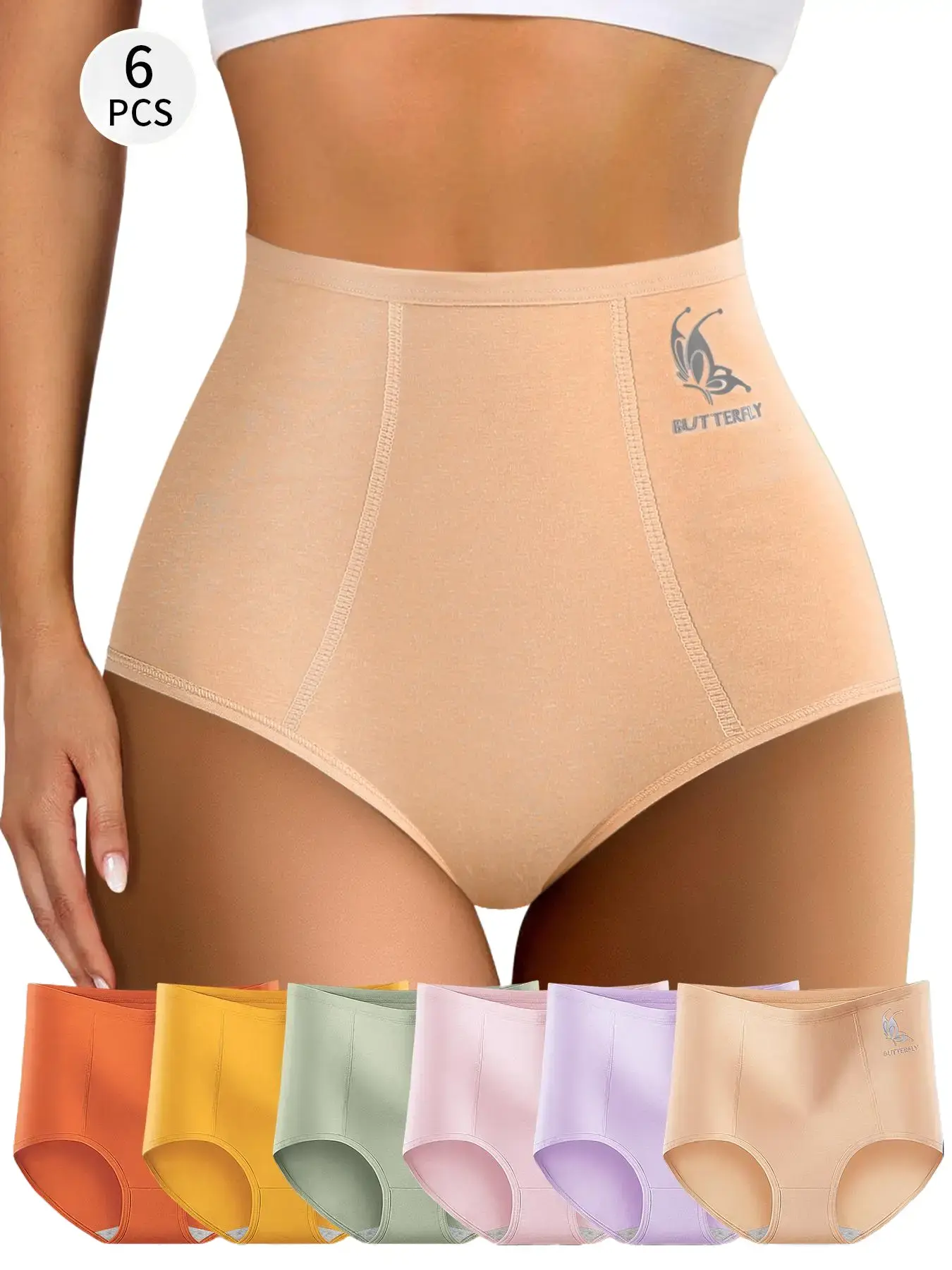 6-Pack High-Waisted Women’s Pure Cotton Panties – Comfortable, Breathable, Butt-Lifting, Solid Color, Seamless, Plus Size Triangle Brief Set