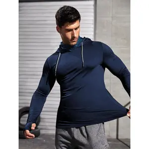 Men's Slim Letter Print Thumb Hole Long Sleeve Sports Rashguard, Casual Drawstring Hooded Sports Top for Spring & Fall, Men's Sportswear Clothing for Daily Wear, National Day Offers
