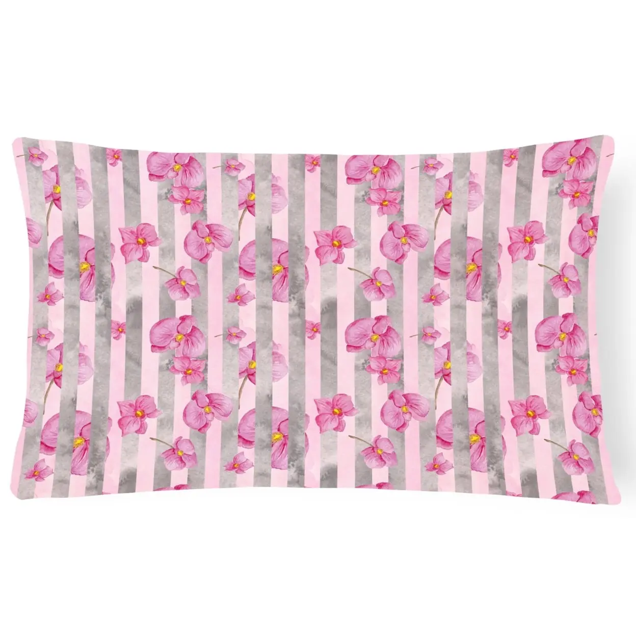 All-Weather Durable Decorative Canvas Pillow - Blush Pink Watercolor Floral, Grey Stripes, Fade Resistant - 12x16 in. for Outdoor Sofas, Outdoor Furniture, All-Weather Decorative Pillows