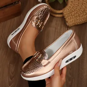Women's Platform Loafers with Air Cushion Sole Stylish Metal Buckle Slip-On Indoor Outdoor Shoes Comfortable Casual Flats for Daily Wear