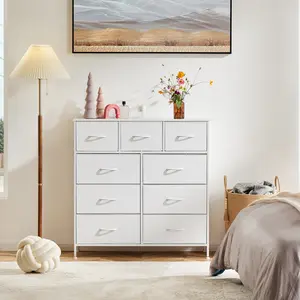 Fabric Storage Tower with 9 Drawers, Bedroom Drawer Dresser Organizer, Chest of Drawers with Fabric Bins, Steel Frame and Wooden Tabletop