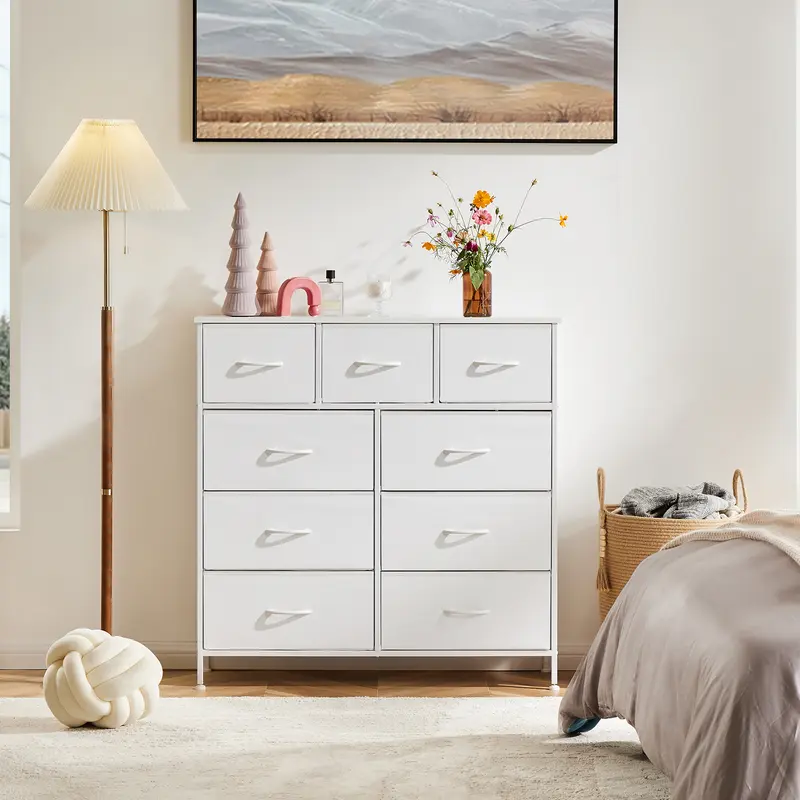 9-Drawer Fabric Drawercabinet Storage Tower - Steel Frame Dresser for Bedroom with Wooden Tabletop, Compartment Bins, Cubbies, Home Decor for Closet Organization & Organizer Storage