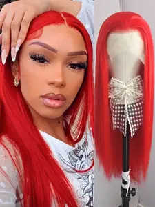 Hot Red Synthetic Wig Silk Long Straight  Heat Friendly Lace Front Wigs for Women Men Use Natural Hairline Glueless Hair Halloween Cosplay Makeup Wear 26 Inch Red Long Straight Hair