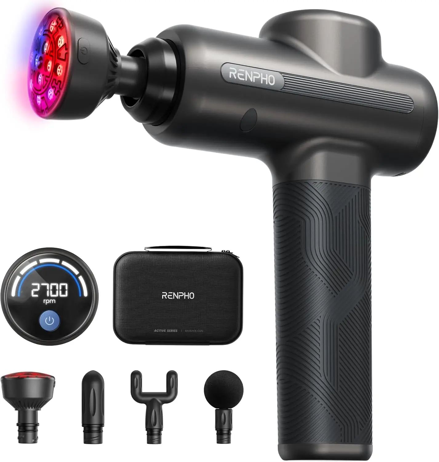 RENPHO Active 2 Red Massage Gun with 850nm Infrared Heating & 3 Light Modes | Deep Tissue Percussion Massager with 5 Speeds and Travel Case for Athletes to Soothe Tight Backs and Shoulders Anywhere