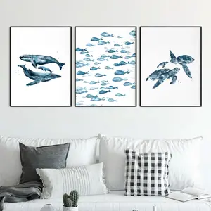 3-Piece Blue Sea Life Canvas Art Set, Unframed Wall Decor for Bedroom & Living Room, Modern Style Home Decoration, Modern Minimalist Design