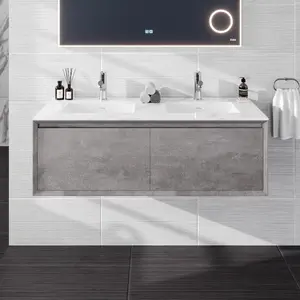 Aurora 48 in. Concrete Gray Wall Mount Double Sink  Bath Vanity with Carrara Quartz Top and Undermount Porcelain Sinks