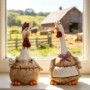 Charming Chicken Couple Resin Statue, American Rustic Farmhouse Decor, Cute Handmade Rooster & Hen Figurine, Unique Housewarming Gift