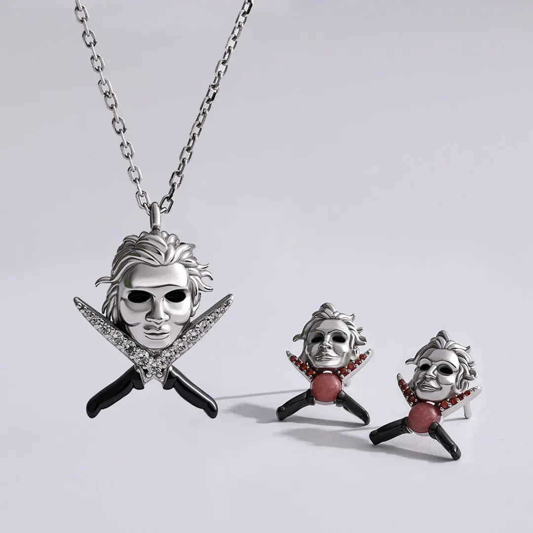 GNOCE S925 Sterling Silver Halloween Jewelry Set Pack for Female, 3-Piece Spooky Horror Character Gift for Women, Michael Myers, Gothic, Striking Piece, Charming Accessory, Horror Film, Any Occasion, 3-Pieces