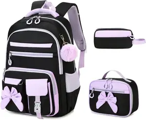 Kawaii Bow Decor Girl School Backpack 3 Pieces Set Spine Protection Large Capacity Multi Compartment Waterproof Kids Backpack With Lunch Tote And Pencil Pouch For Primary Students