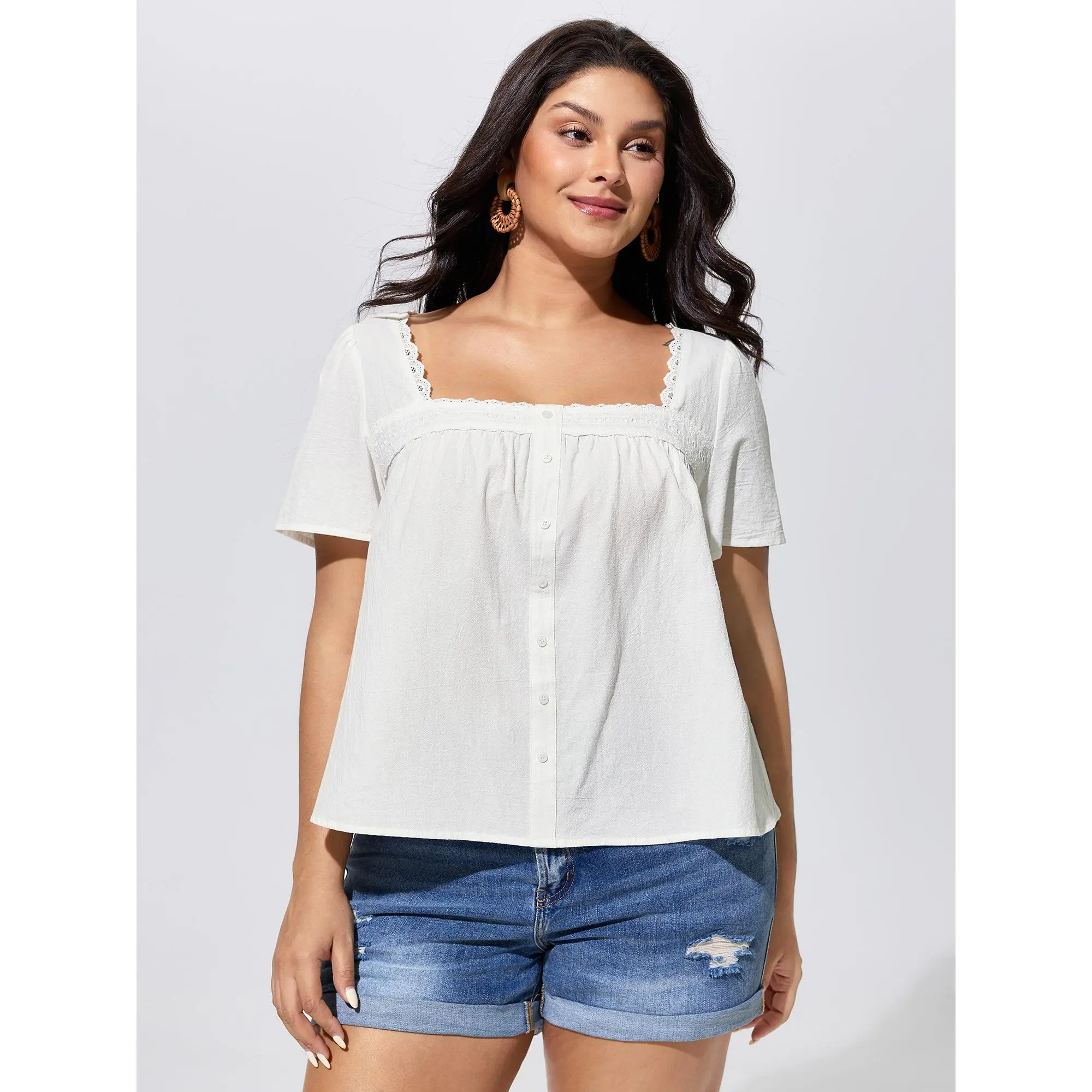 BLOOMCHIC Women's Plus Size Cotton Lace Trim Square Neck Spliced Blouse - M-6X 2026 Summer, Smooth Fabric, Short Sleeve, Solid, Casual Style Button-Up Top for Vacation, Beach Outfits, Garment, Shortsleeve, Plus Size Tops, Cropped Top