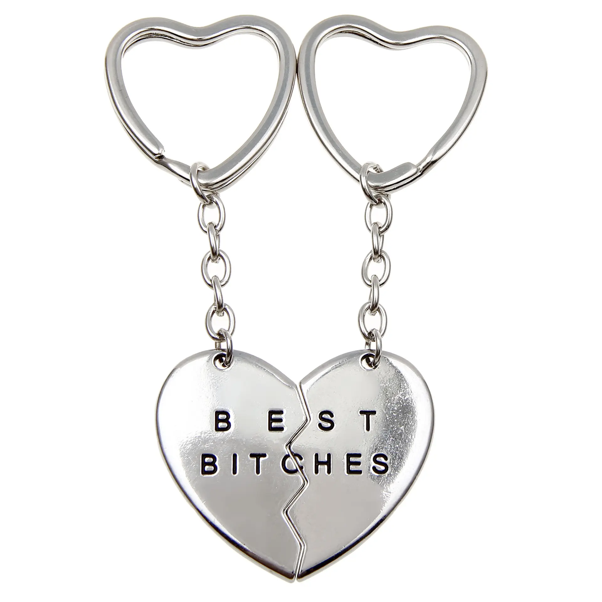 Best Friend Gift 2pcs Silver Best  Bitches Split Puzzle Broken Heart Pendant Couple Keychain Set