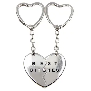 Best Friend Gift 2pcs Silver Best  Bitches Split Puzzle Broken Heart Pendant Couple Keychain Set