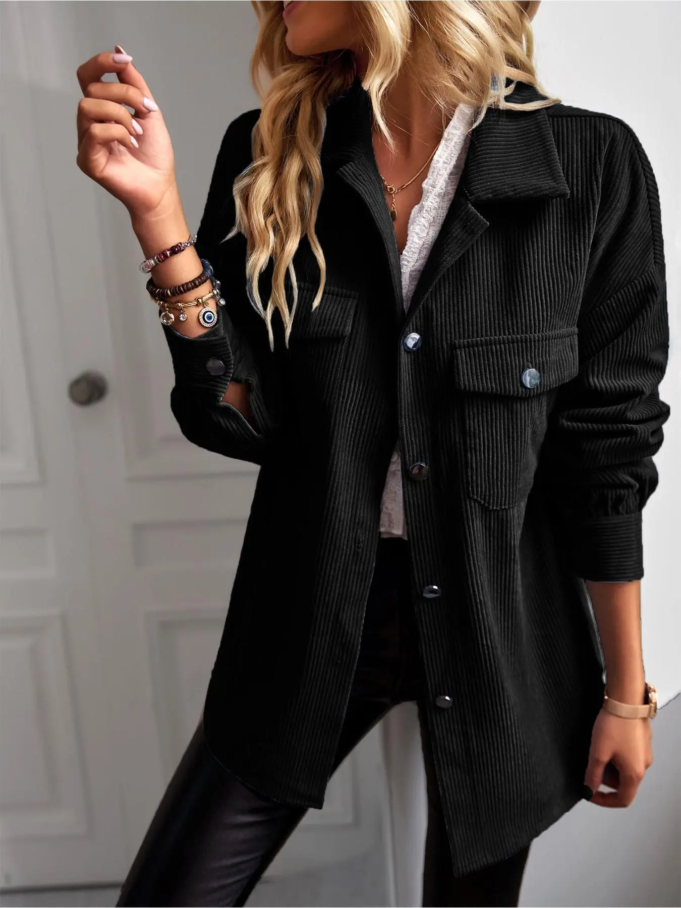 Women's Solid Button Front Corduroy Coat Jackets, Casual Long Sleeve Collared Outerwear for Daily Wear, Ladies Fall & Winter Clothes