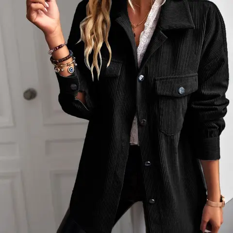 Women's Solid Button Front Corduroy Coat Jackets, Casual Long Sleeve Collared Outerwear for Daily Wear, Ladies Fall & Winter Clothes