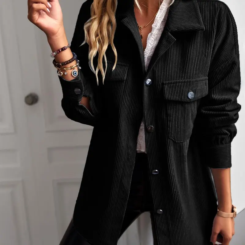 Women's Solid Button Front Corduroy Coat Jackets, Casual Long Sleeve Collared Outerwear for Daily Wear, Ladies Fall & Winter Clothes