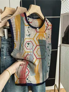 1 Piece Women's Loose Sleeveless Crew Neck Knit Top with Dark Blue Trim, Color Block & Geometric Print, Spring & Summer Casual Style, Can Be Worn Alone or with a Vest, Suitable for Daily Outdoor Wear, Womenswear, Sleeveless Vests