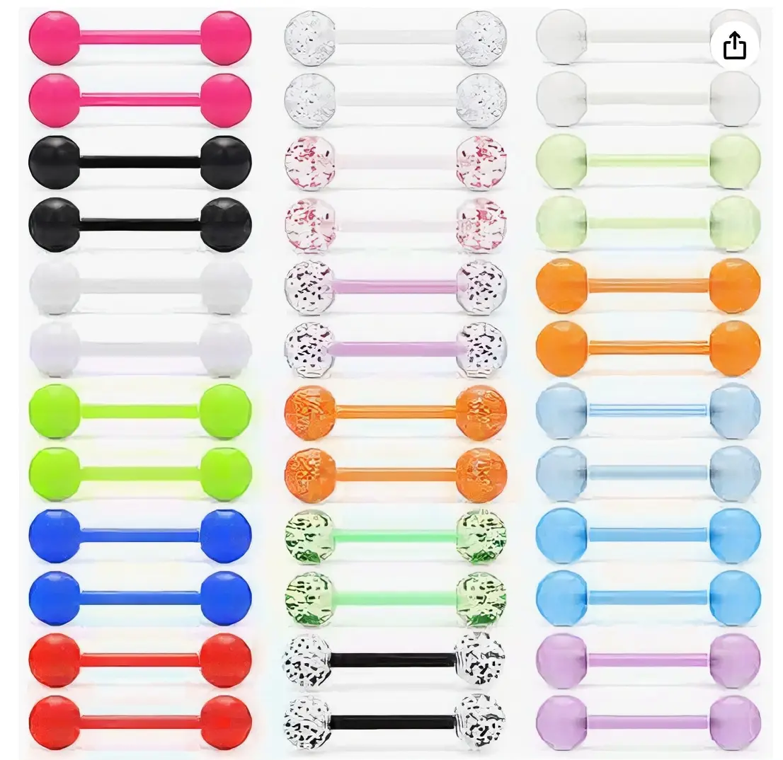 36Pcs Acrylic Tongue Rings Set, Colorful Tongue Barbell Studs Piercing Jewelry with Glitter Balls Glow in dark acrylic tongue barbell rings for women men candy color for Women Men