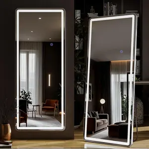 56"x21" LED Full Length Mirror - Standing Floor  Mirror with Dimmable Lights 3 Color Modes - Adjustable Brightness, Wall-Mount or Leaning for Barber, Fitness Center, Dressing Room