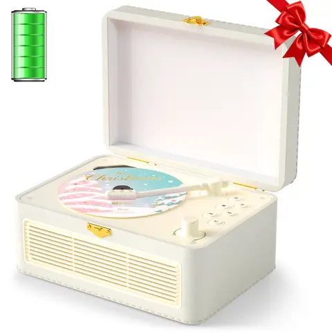 Gueray Wood-PU Retro Cordless Digital Audio CD Player - Portable Dual Bluetooth Desktop Player with 3600mAh Rechargeable Battery, 6 Hours Playtime, Dual Stereo Sound, LED Display, Radio, Remote, USB, Auxiliary Input, Speaker