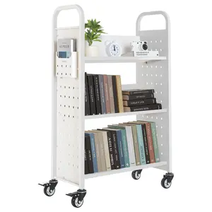 【FathersDayGift】VEVOR Rolling Library Book Cart, 330 lbs Capacity, 30.3 x 15 x 48.0-Inch Library Cart, Single Sided V-Shaped Shelves with 3-Inch Lockable Wheels, Book Truck for Home Shelves Office and School, White