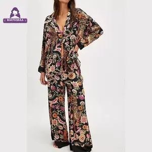 Women's Fall Loungewear Set Stripe/Plaid/Stripe Print Long Sleeve Lapel Button Tops Long Pants Fall Sleepwear
