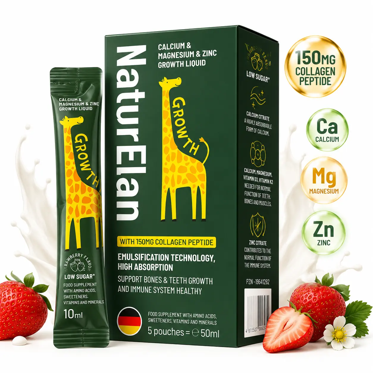 NaturElan Kids Calcium Magnesium Zinc Liquid 8 Sachets Trial Pack, Bone Support with D3 K2 Collagen Peptides, Strawberry Flavor