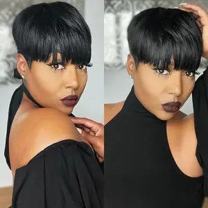 Women's Short Pixie Short Wig 6 Inch Natural Black Glueless with Bangs, Suitable for Daily Life, Valentine's Day, EDM Festival & Theme Parties daily party use