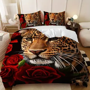 Bedding 3-piece set - 3PCS,brown and yellow leopard print with red rose design down comforter set (1 comforter cover + 2 pillowcases, filling not included). soft and comfortable, suitable for family bedrooms.
