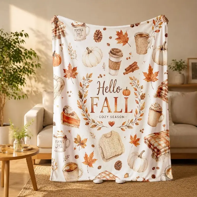 Hello Fall Autumn Pumpkin and Maple Leaf Print Flannel Blanket - Suitable for all seasons, soft, lightweight and breathable, for bedroom, seasonal and holiday decorations - Perfect for beds, sofas, offices, camping and travel