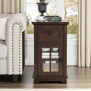 End Table with Drawer, Storage Side Table with Flip Top Charging Station, Type-C & USB Port & Power outlets, Wooden Storage Cabinet for Bedroom/Living Room