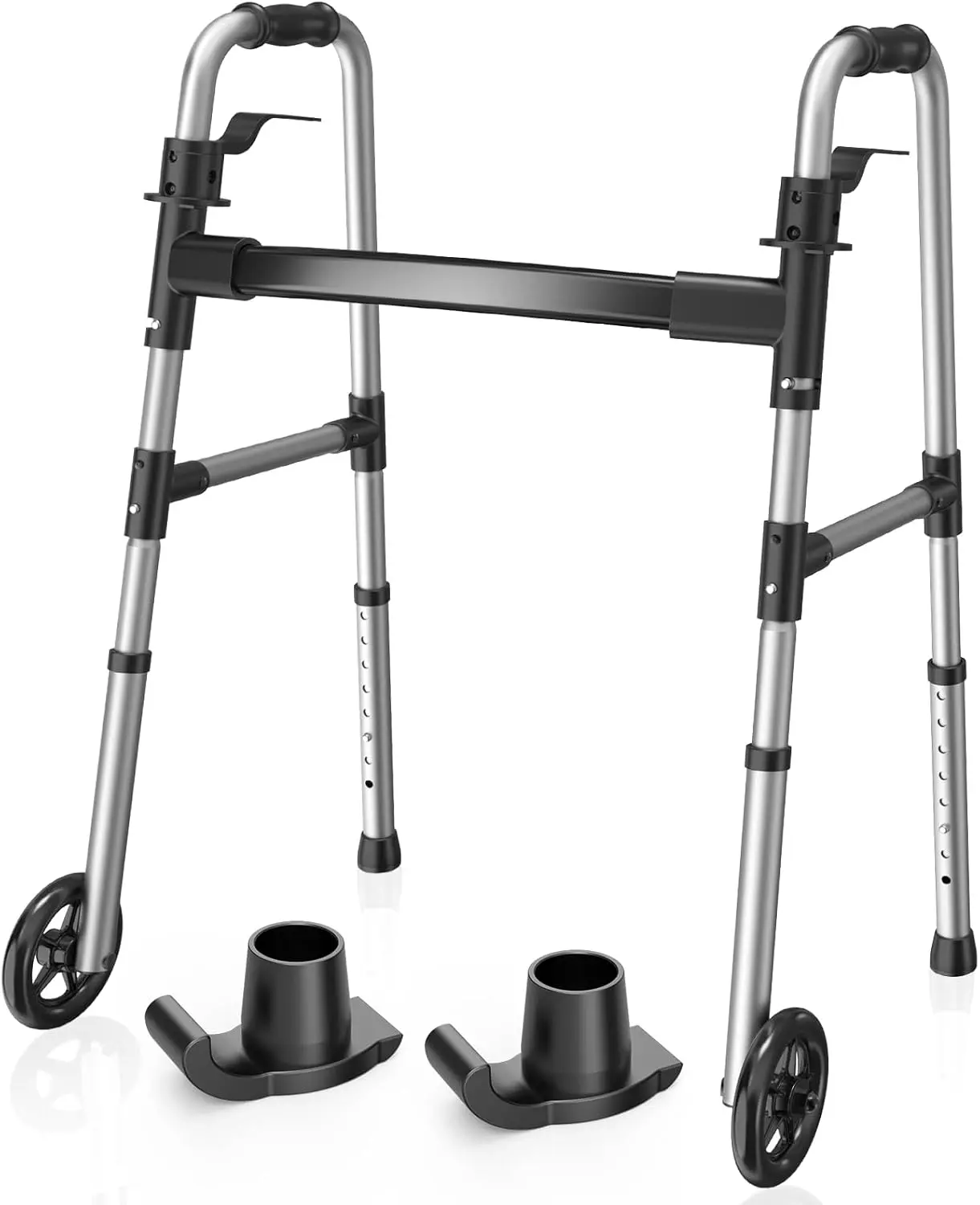 Collapsible Standard Medical Walker Walking Stick for Seniors - Lightweight Durable Healthcare Equipment, 5" Wheels, Skis, Adjustable Height, 350 lbs Capacity, 20.47 x 26.42 x 37.87 inches, 6.03 lbs Black, 1.0 Count