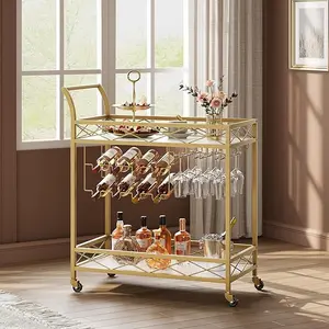 2-Tier Gold Bar Cart with Wheels, Gold Bar Cart with Wine Rack and Glass Holders for Living Room, Kitchen, Dining Room  Utensils Rolling
