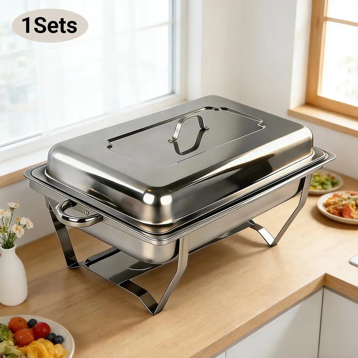 11L Stainless Steel Lightweight Chafing Dish Set, Foldable Frame Buffet Warmer, Hot & Cold Food Serving Tray for Party Catering, Home Kitchen