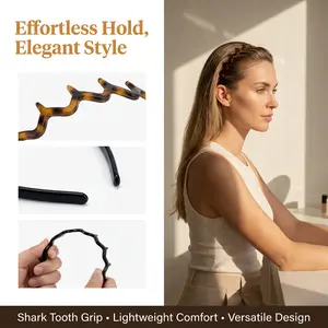 Non-Slip Wave Headbands for Women - 2Pcs Tortoiseshell & Black Resin Hair Hoops for Daily & Party Use