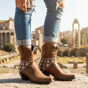 BC149 Women's Silver Metal Boot Chain Bracelet Set Floral Triangle Charm Adjustable 11-15" Western Rodeo Boot Jewelry Pair Handmade in USA