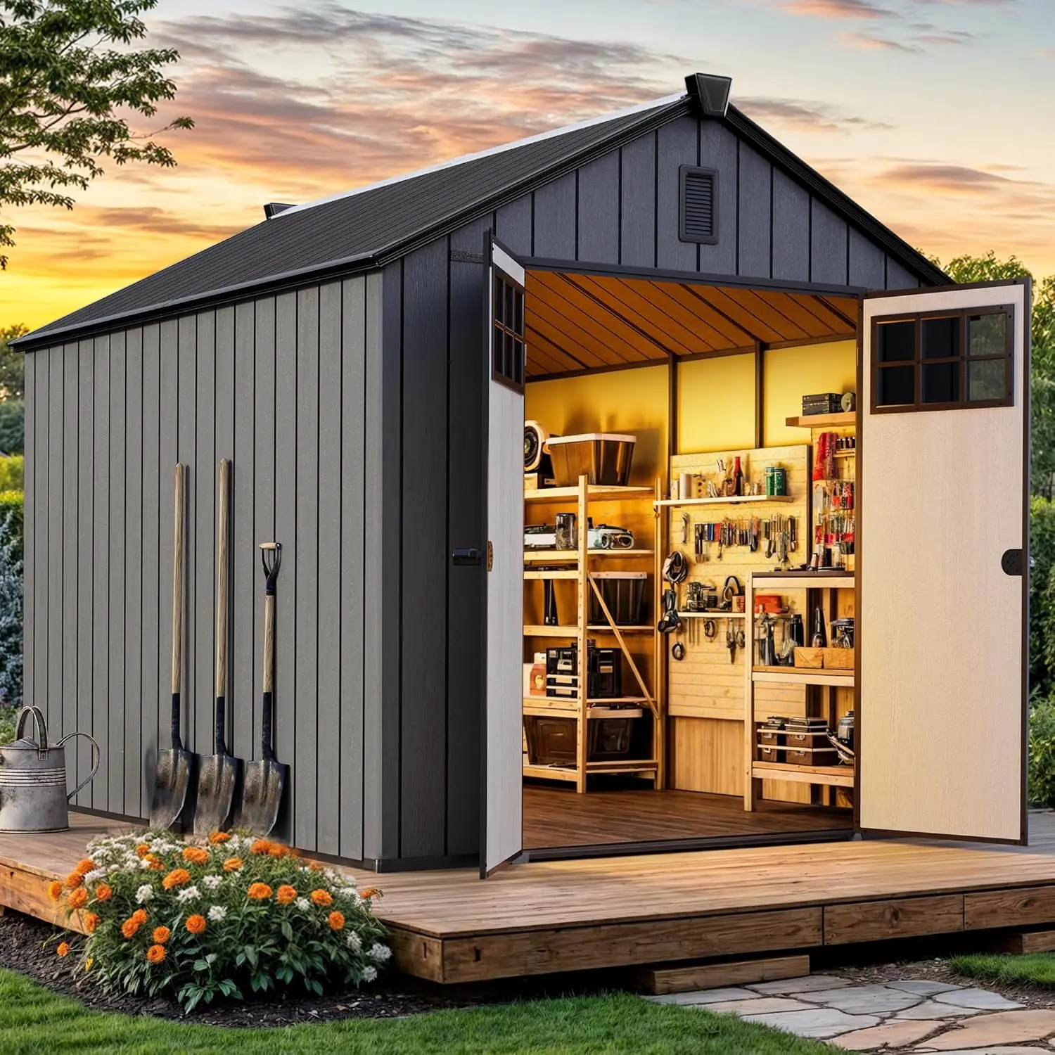 【Dealsforyoudays】Yitahome 8x10 FT Outdoor Storage Shed with Floor, Plastic Garden Shed for Bikes, Tools, and Pool Supplies, Outdoor Resin Shed with Lockable Doors, Windows, and Vents for Patio, Lawn, Backyard