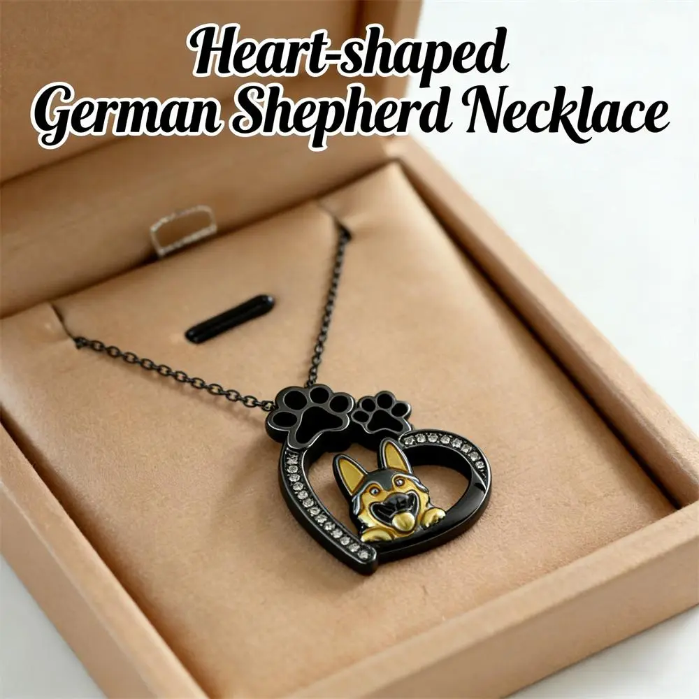 Black Heart German Shepherd Necklace for Women, Premium Zinc Alloy Paw Print Pendant with Rhinestone, Cute Dog Lover Fashion Memorial Jewelry, Ideal Holiday Birthday Christmas Gift for Pet Owners