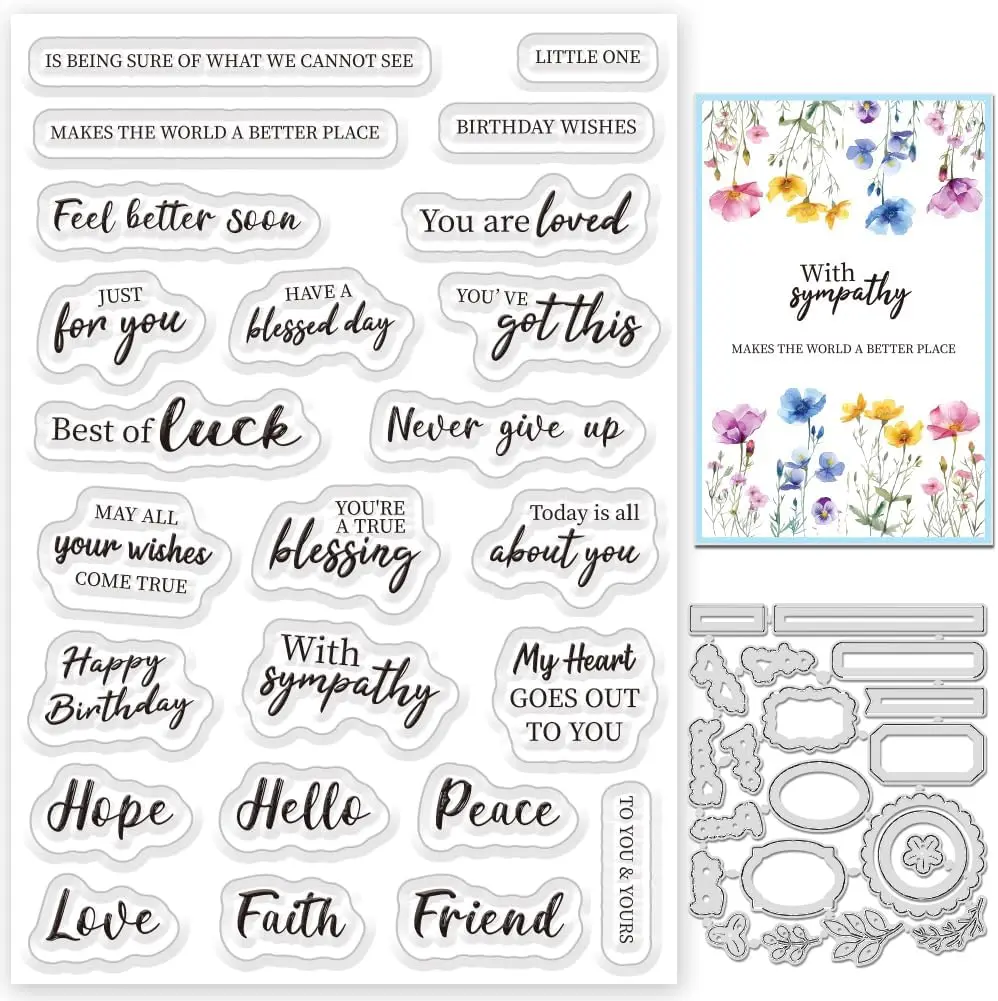Sentiments Clear Stamps and Metal Cutting Dies for Card Making Greeting Words Silicone Stamp and Die Cuts Set Blessing Words Transparent Stamps for DIY Scrapbooking Paper Craft Supplies