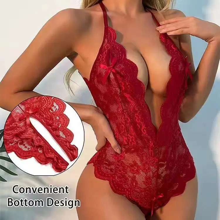 Lingerie for Women, Floral Lace Backless Teddy Bodysuit with Deep V-Neck Cutout, Expandable Fit and Adjustable Straps, Expandable Fold, Sexy, Contrast Split, Birthday, Family