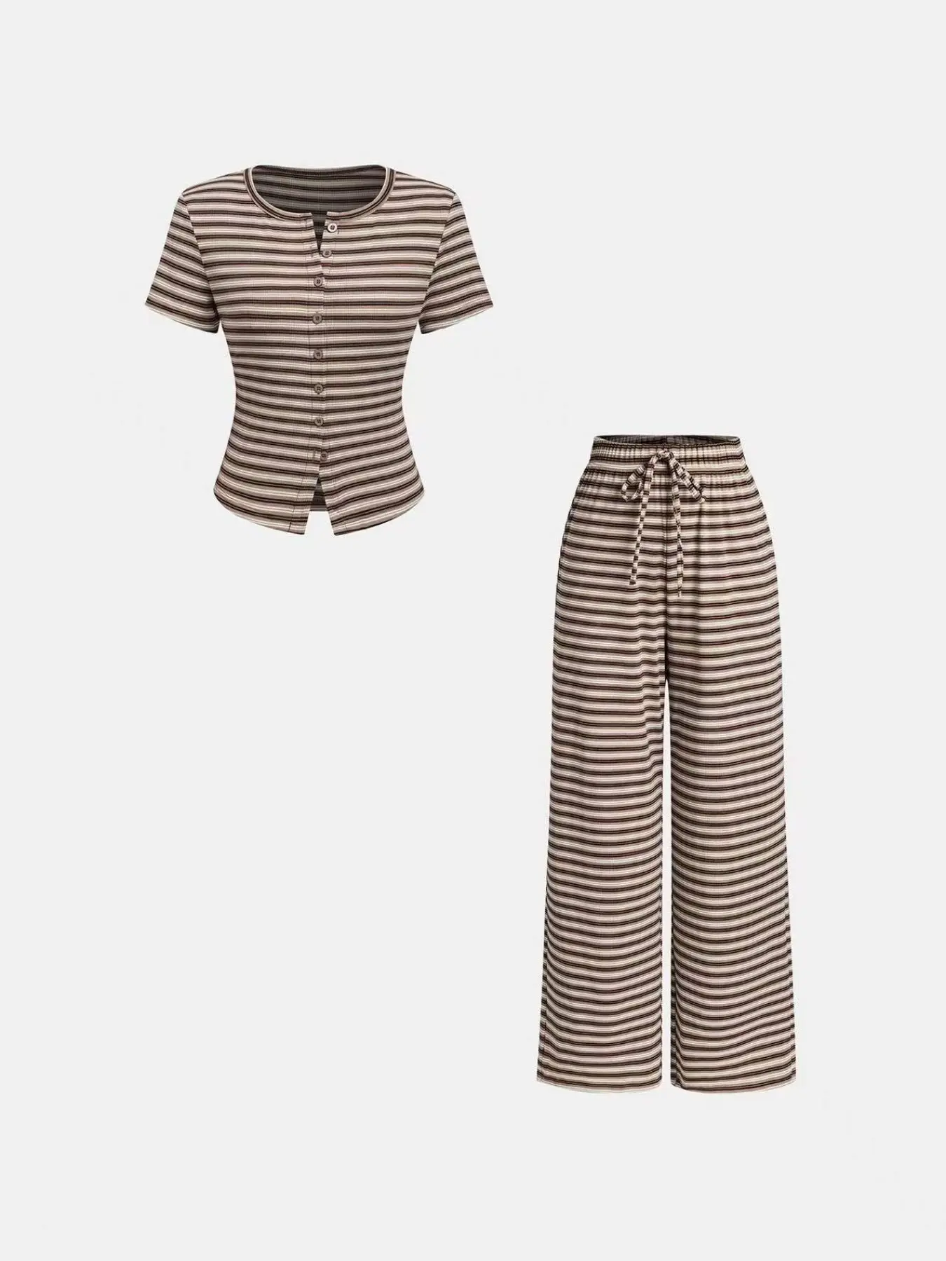 Women's 2-Piece Casual Wide Leg Pants and Short Sleeve Striped Knit Top Set, Perfect for Everyday Comfort and Style