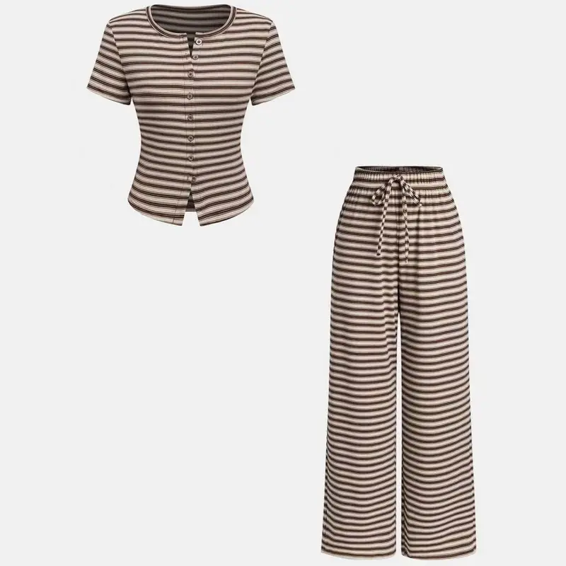 Women's 2-Piece Casual Wide Leg Pants and Short Sleeve Round Neck Striped Knit Top Set, Perfect for Everyday Comfort and Style, Clothes Pants Sets